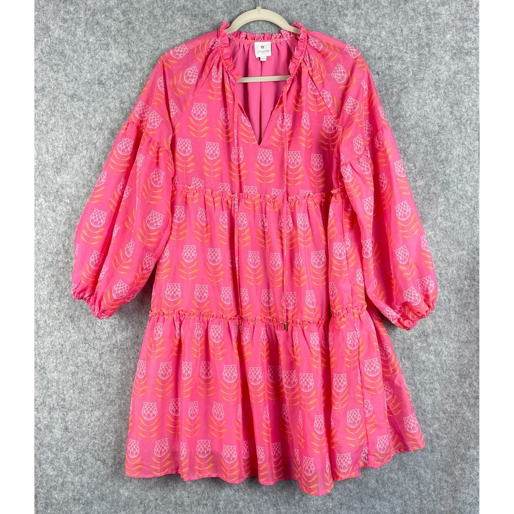 J Marie The Maeve Dress Womens Small Pink Floral Balloon Sleeve Tiered Ruffle